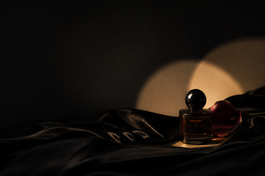 Black silk and smoked glass in warm nocturnal light
