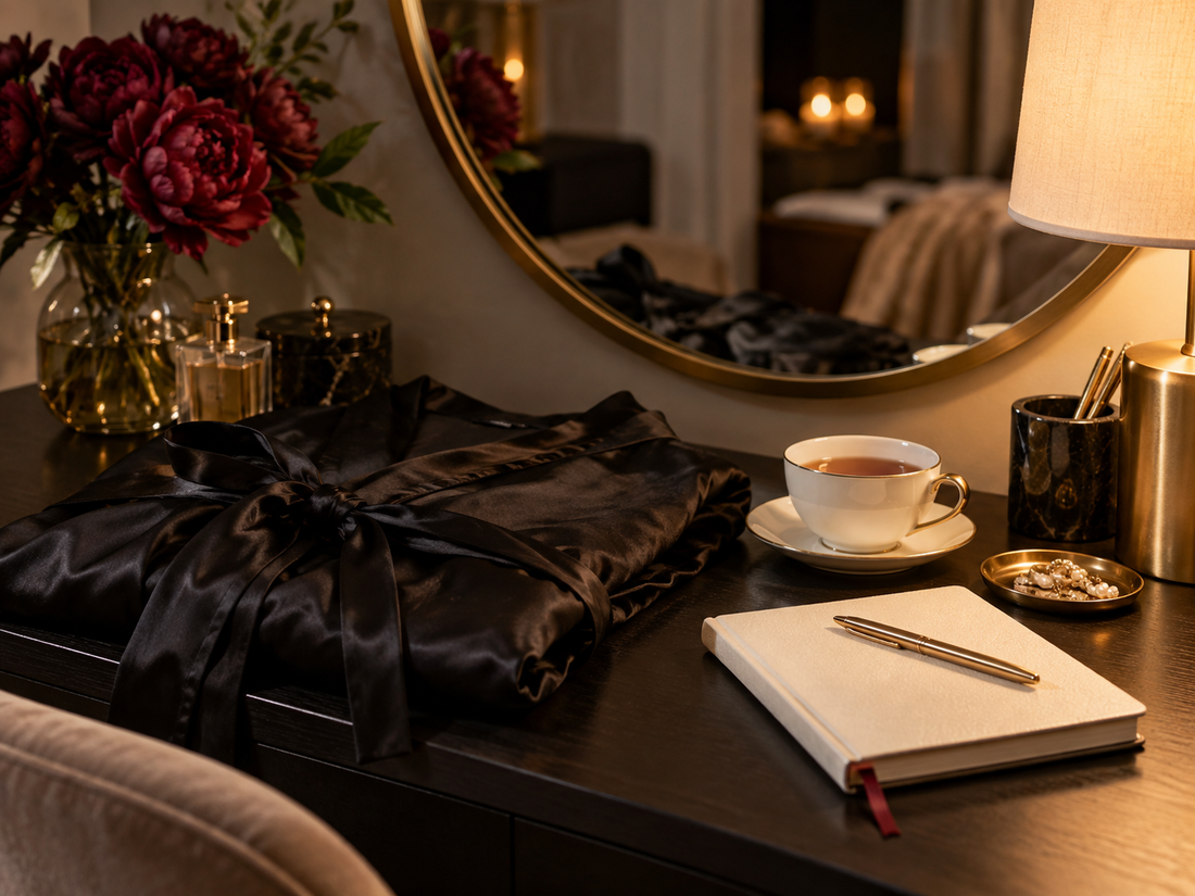 Black silk robe, mirror, tea, notebook, and warm lamp arranged as a calm confidence ritual