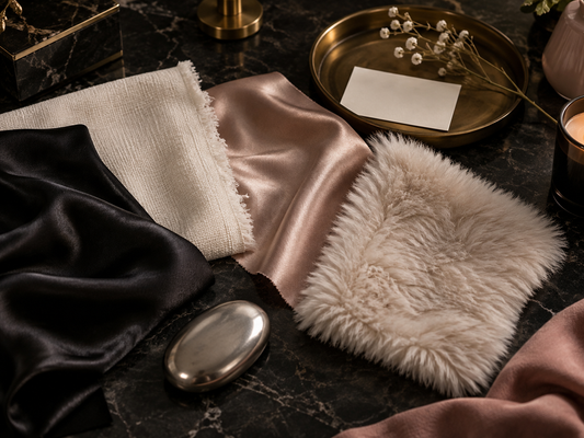 Silk, cotton, satin, soft faux fur, and smooth metal arranged for mindful texture mapping