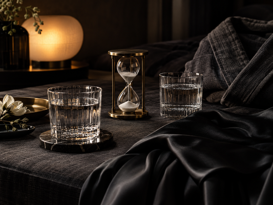 Sand timer, water glasses, dark fabric, and soft light arranged for pacing and breathwork