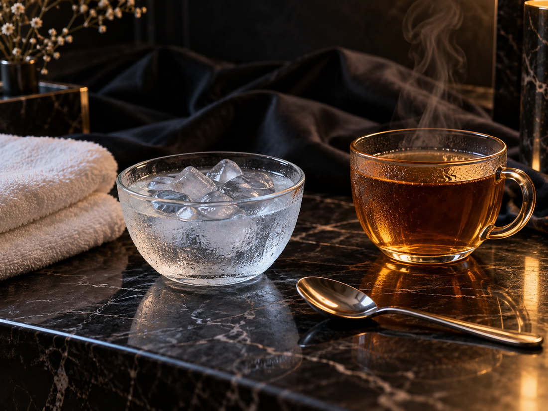 Ice water, warm tea, silk, towel, and metal spoon arranged for a safe temperature contrast article