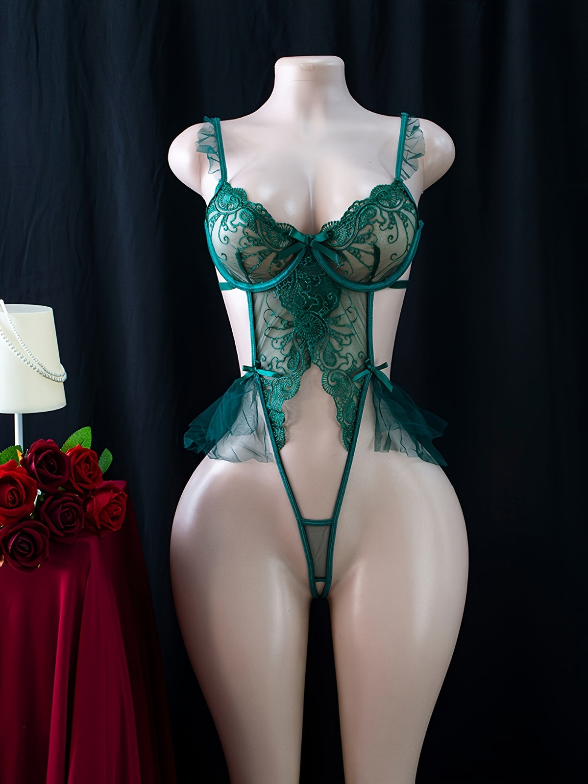 Midnight Rouge Embroidered Bodysuit - Dark Green